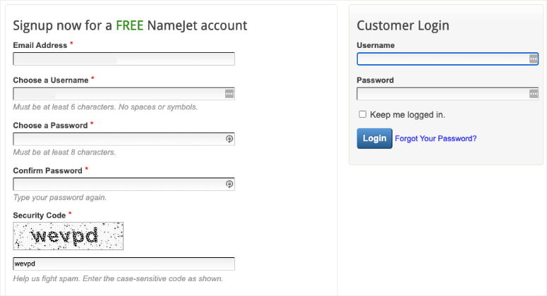 Regístrese para obtener una cuenta de NameJet