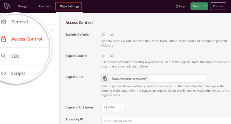 control de acceso en la configuración de la página