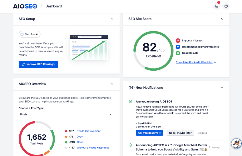 aioseo dashboard with audited stats