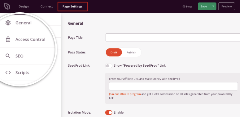 page settings in seedprod