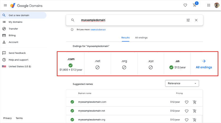 terminaciones de dominio en google