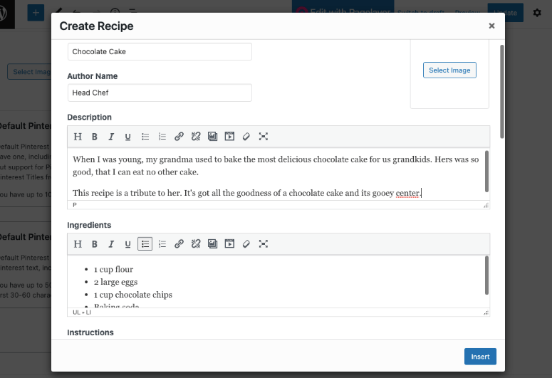 create recipe card in wp admin