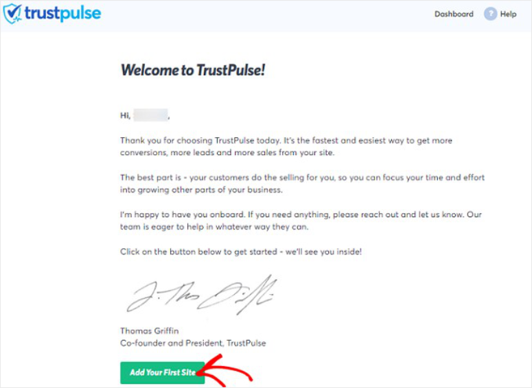 social proof trustpulse welcome message