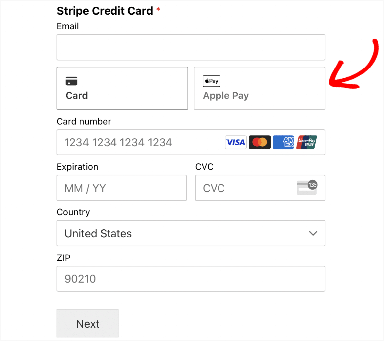 publish form stripe apple pay