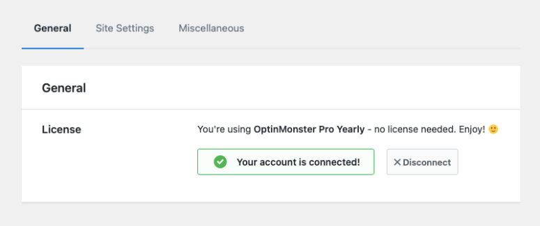optinmonster license account connected