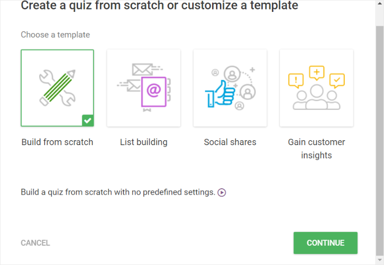 thrive quiz builder select quiz type