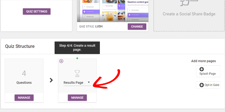 thrive quiz manage result page