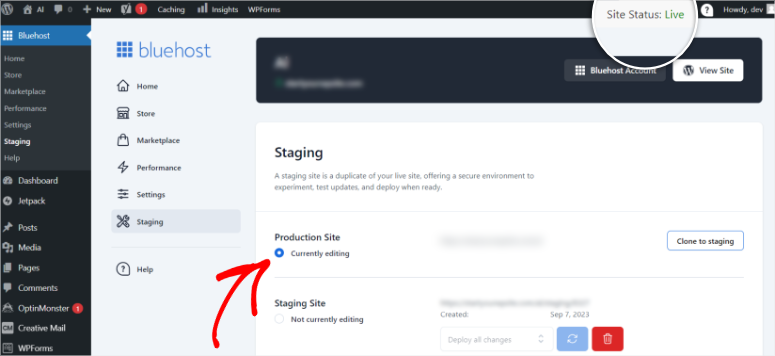 bluehost live staging back to production site