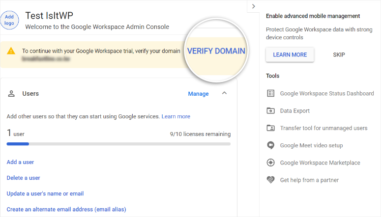 google workspace verify domain