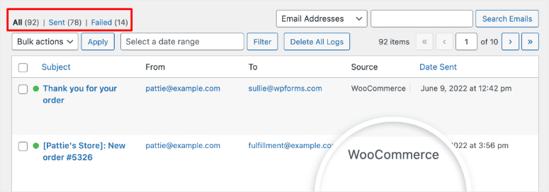 wp mail woocommerce email logs
