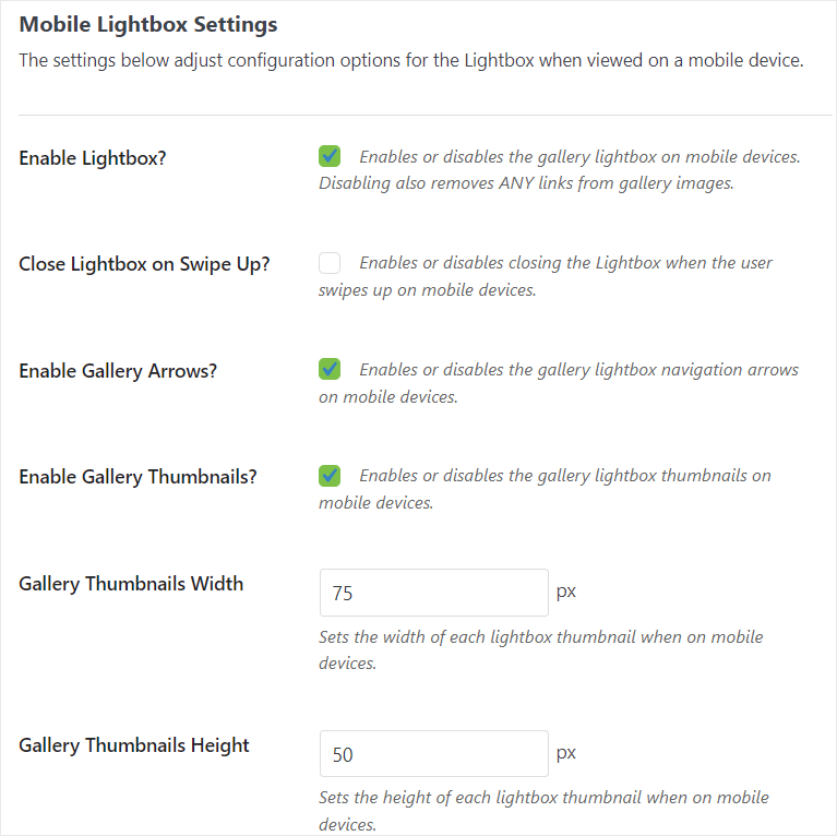 envira mobile lightbox settings
