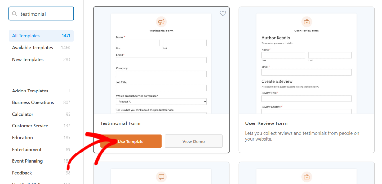 wpforms testimonials template