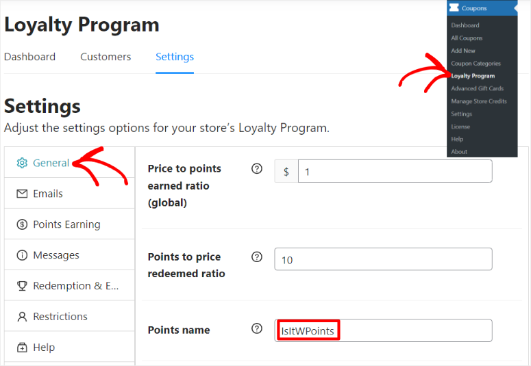 advanced coupons loyalty program settings