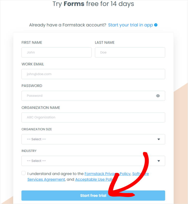 formstack start free trial fill out form