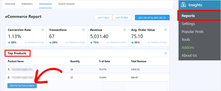 monsterinsights view full products report