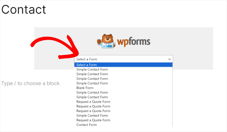 select form from wpforms block