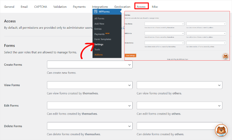 wpforms access settings