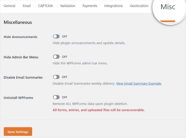 wpforms misc settings