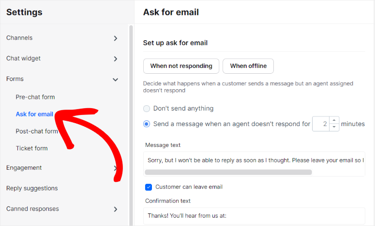livechat ask for email settings