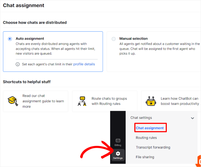 livechat chat assignment settings