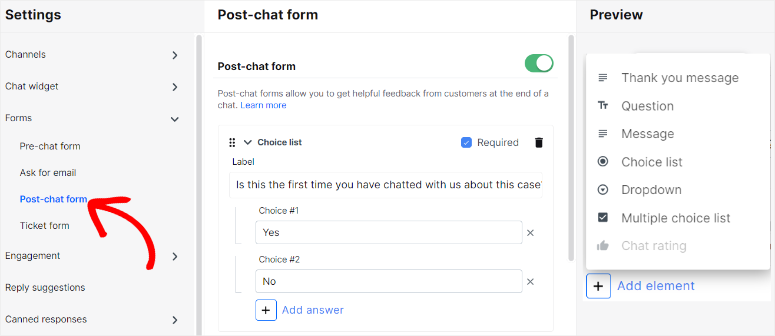 livechat post chat form settings