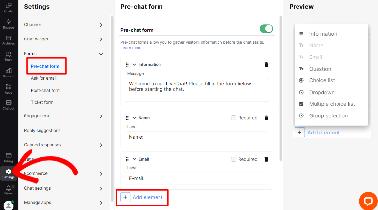 livechat pre chat settings