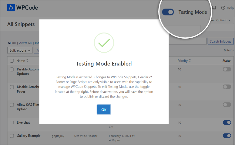 wpcode test mode