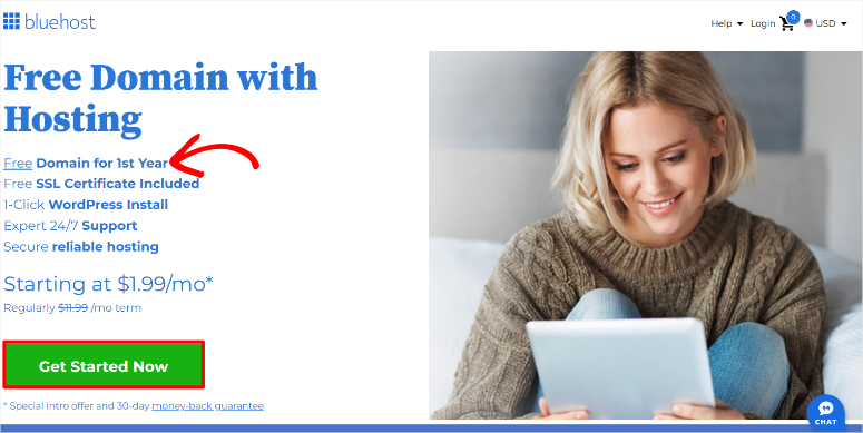 bluehost free domain with isitwp