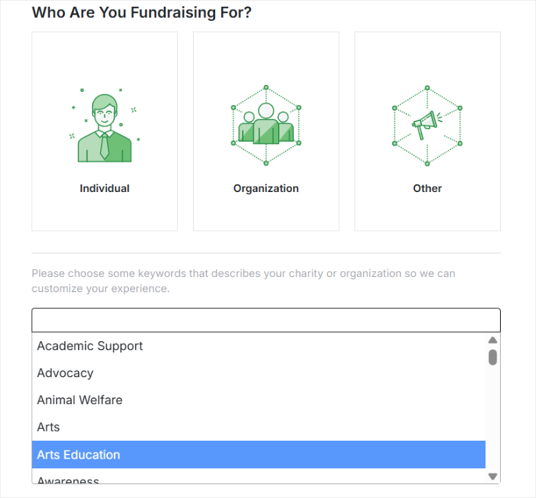 charitable plugin wizard select who fundraiser for