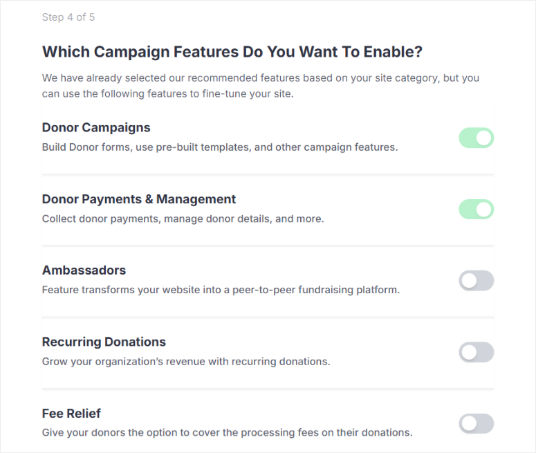 charitable select features wizard