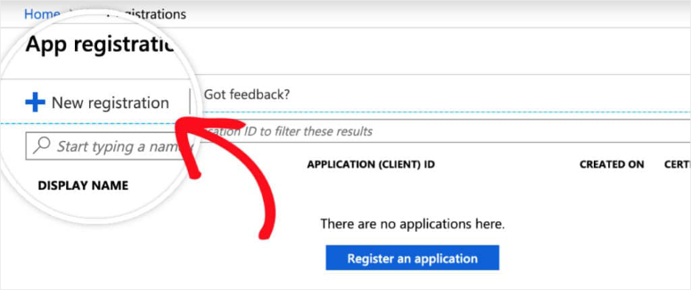 microsoft azure click on new registration
