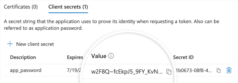 microsoft azure copy application password from value field