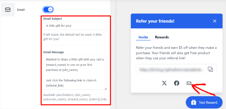 rewardswp email sharing