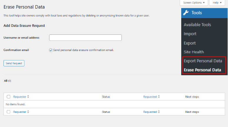 wordpress erase personal data