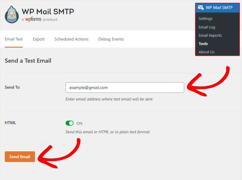 wp mail smtp email test screen