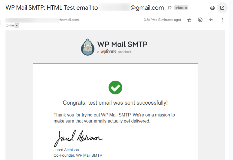 wp mail smtp test email to gmail