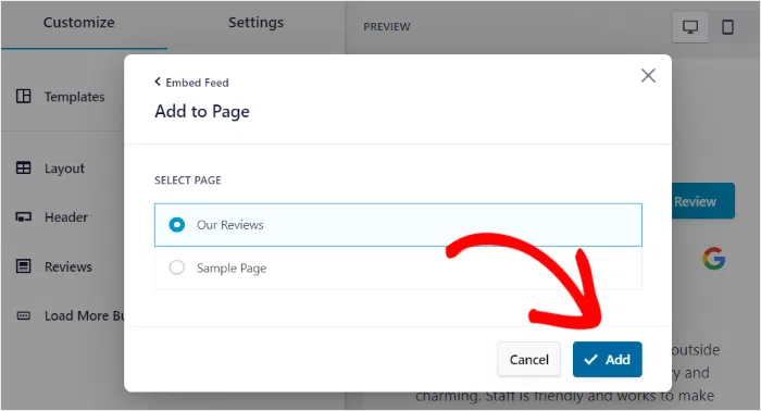 smash balloon add to a page review feed