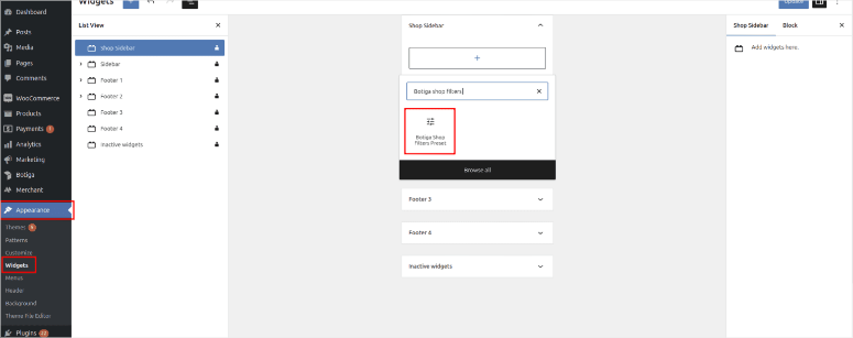 botiga appearance widgets