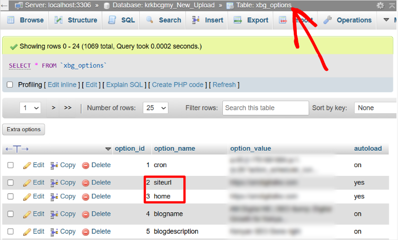 cpanel wp_options table