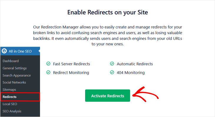 enable redirects in all in one seo