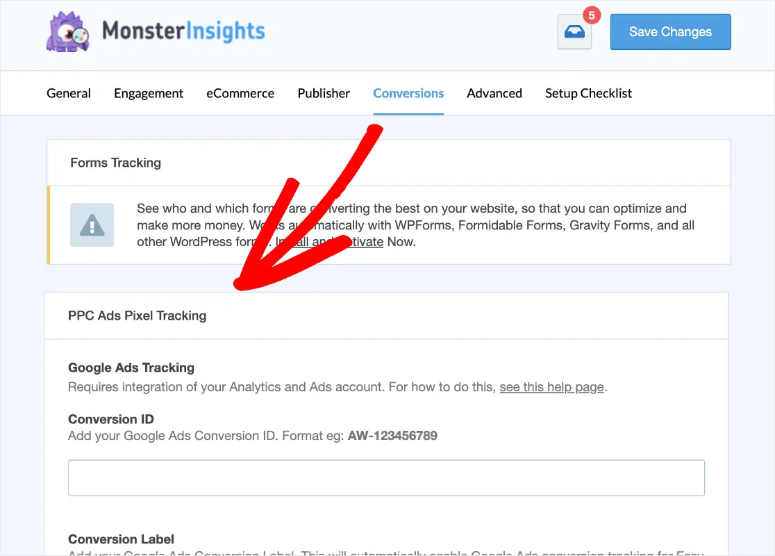 monsterinsights ppc ads pixel tracking conversions menu