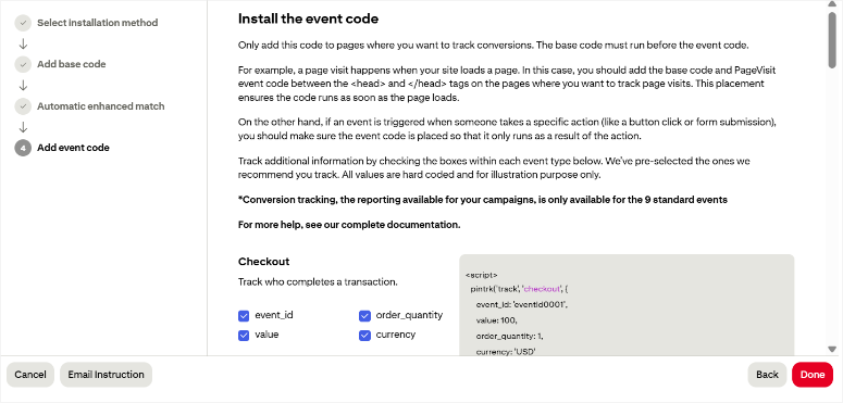 pinterest add event code