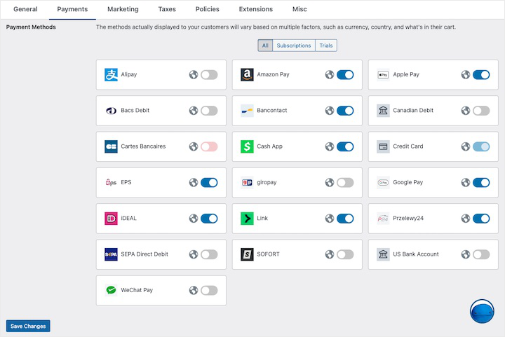 stripe payment methods settings edd