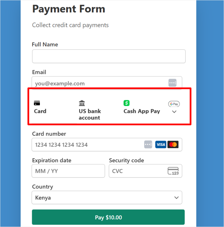 wp simple pay multiple payment options example