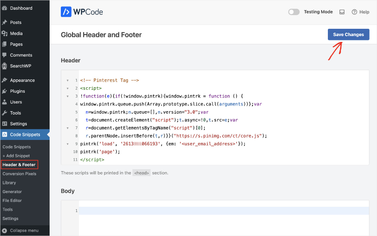 wpcode save tag header pinterest