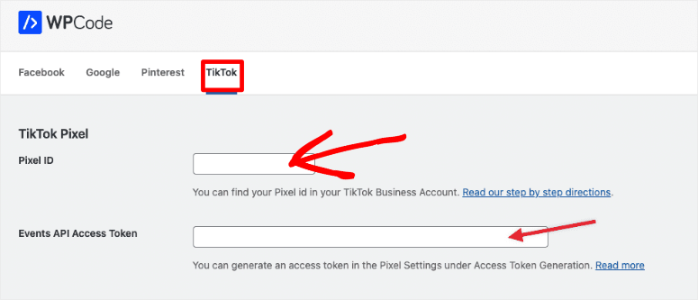 wpcode tiktok events api token
