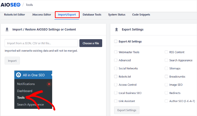 aioseo-import-export-feature - IsItWP - Free WordPress Theme Detector aioseo import export feature