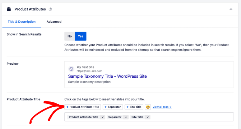 aioseo product attributes title search appearance settings