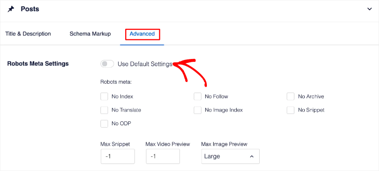 aioseo robots meta settings for posts in search appearance