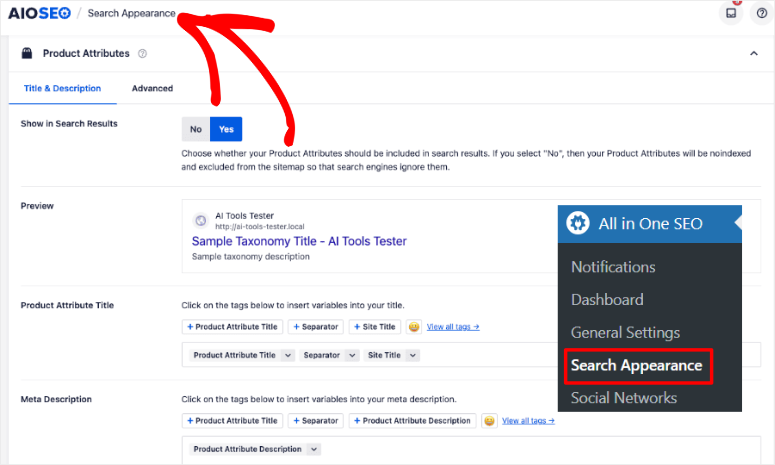 aioseo woocommerce product attribute settings